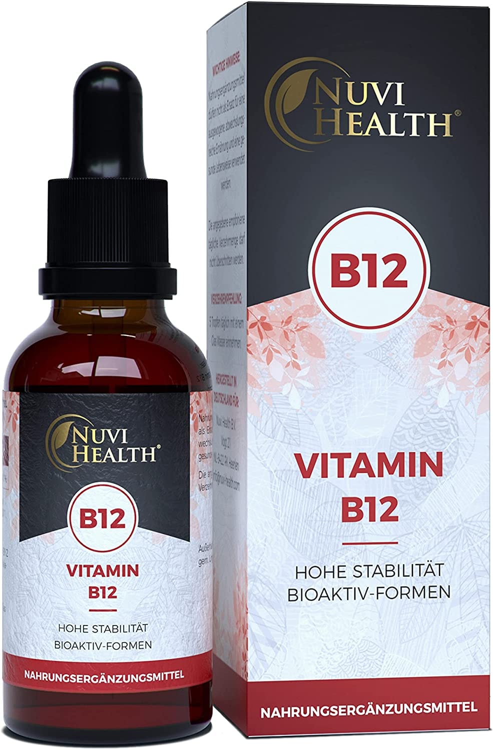 Produktbild von Nuvi Health Vitamin B12 Tropfen 200 µg - 50 ml (1750 Tropfen) - Mit 3 Formen: Beide Aktivformen (Methyl- & Adenosylcobalamin) + Depot (Hydroxocobalamin) - Vegan - Hochbiofügbar - Premium Qualität