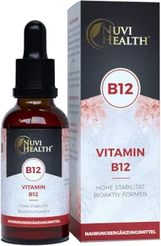 Produktbild von Nuvi Health Vitamin B12 Tropfen 200 µg - 50 ml (1750 Tropfen) - Mit 3 Formen: Beide Aktivformen (Methyl- & Adenosylcobalamin) + Depot (Hydroxocobalamin) - Vegan - Hochbiofügbar - Premium Qualität