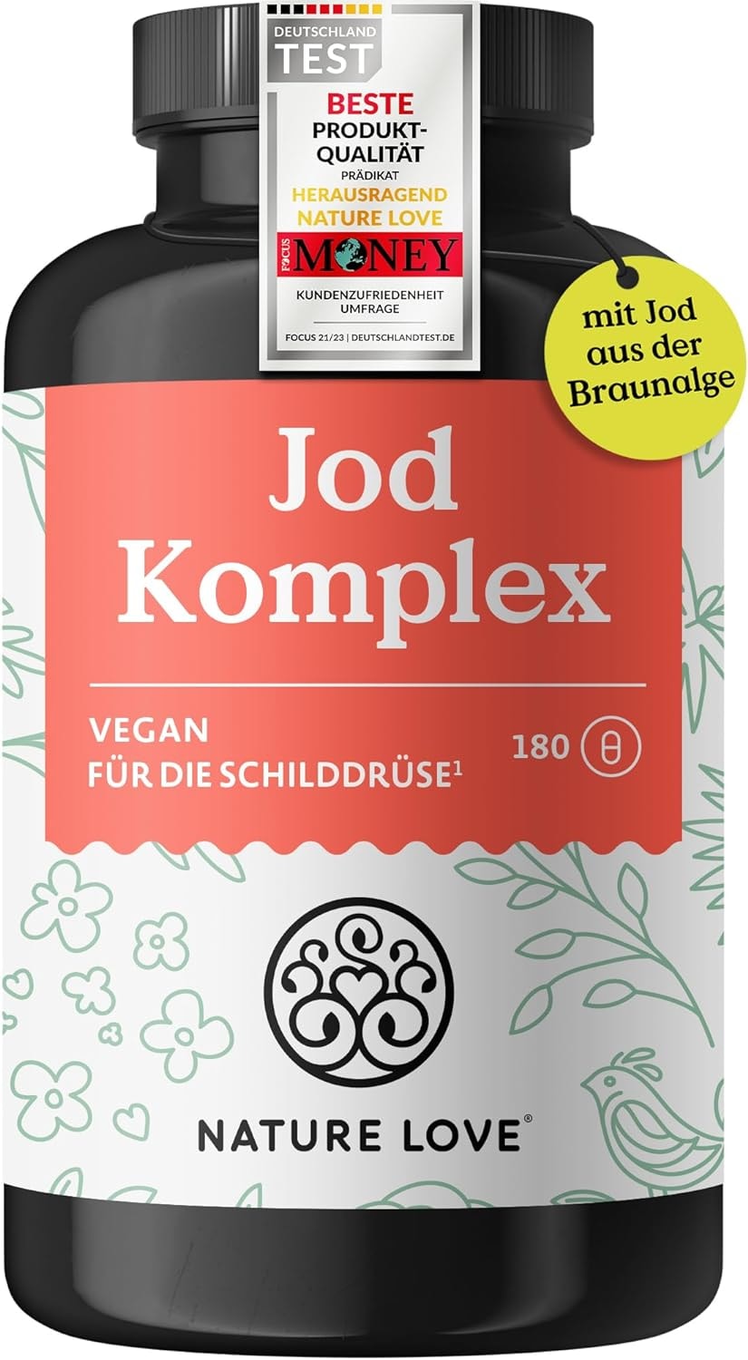 Produktbild von Bewertung NATURE LOVE Jod Komplex mit Selen und Vitamin B Komplex und Tyrosin für die Schilddrüse 180 Kapseln mit 150µg natürlichem Jod aus Braunalgen (Kelp) und 100µg Selen - 6 Monate Reichweite - hochdosiert, vegan und laborgeprüft