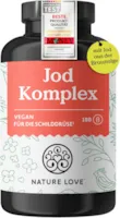 Produktbild von Bewertung NATURE LOVE Jod Komplex mit Selen und Vitamin B Komplex und Tyrosin für die Schilddrüse 180 Kapseln mit 150µg natürlichem Jod aus Braunalgen (Kelp) und 100µg Selen - 6 Monate Reichweite - hochdosiert, vegan und laborgeprüft