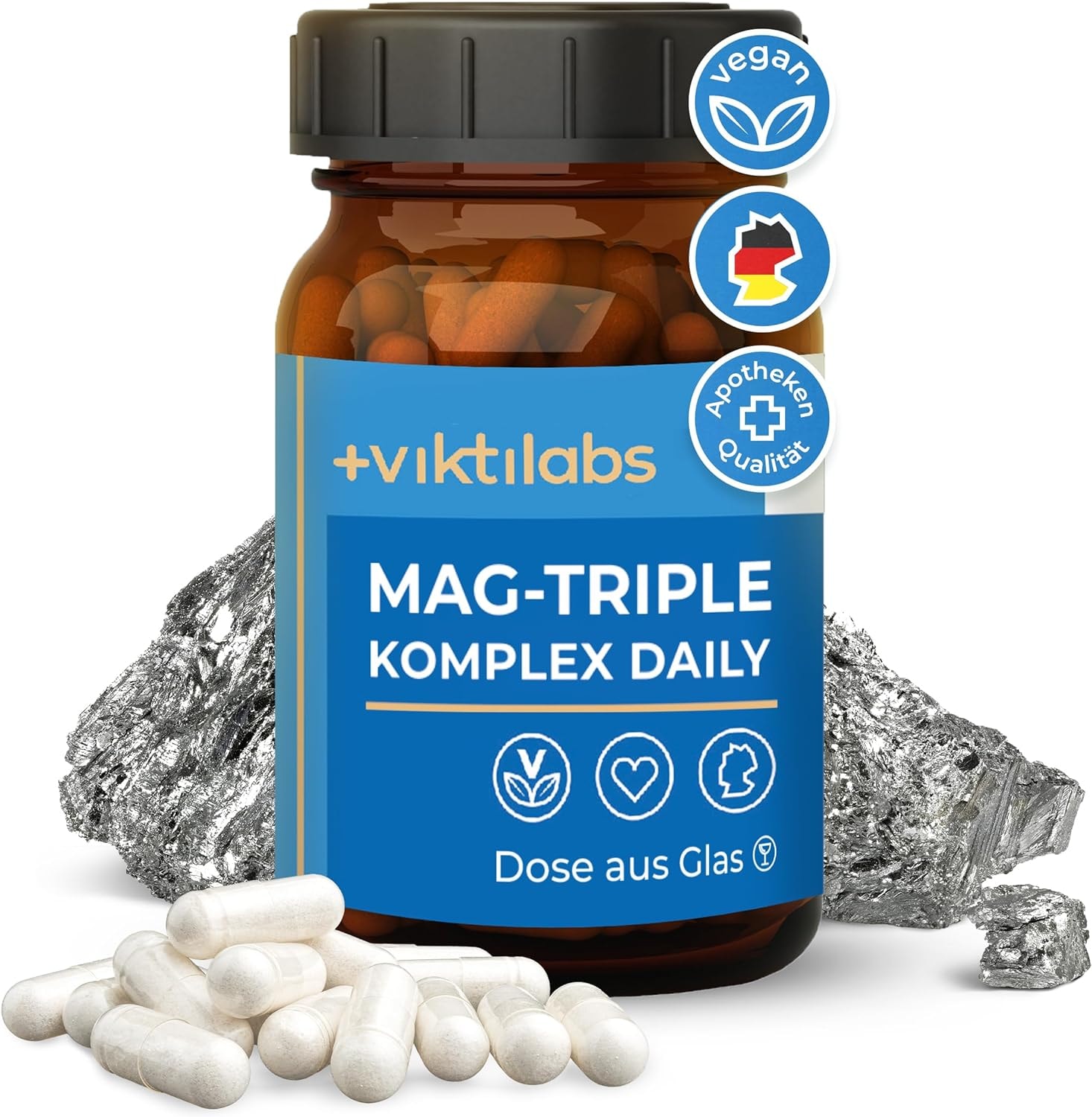 Produktbild von Bewertung viktilabs Magnesium hochdosiert Kapseln 100% vegan Hochwertiges Mag-Triple® Daily Komplex 60 Magnesium Kapseln (Monatsvorrat) Entwickelt in Deutschland Bequem schluckbar