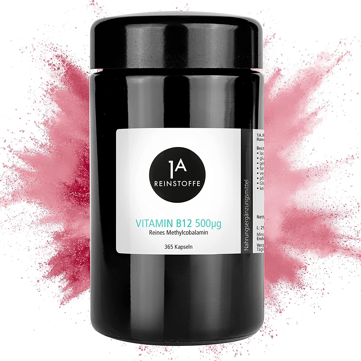Produktbild von 1A REINSTOFFE - Vitamin B12 – 365 Kapseln – Jahrespackung - 500µg Methylcobalamin – aktivierte und bioaktive Form – hochdosiert & vegan – Ohne Zusätze - hochwertige Kapseln im Glas