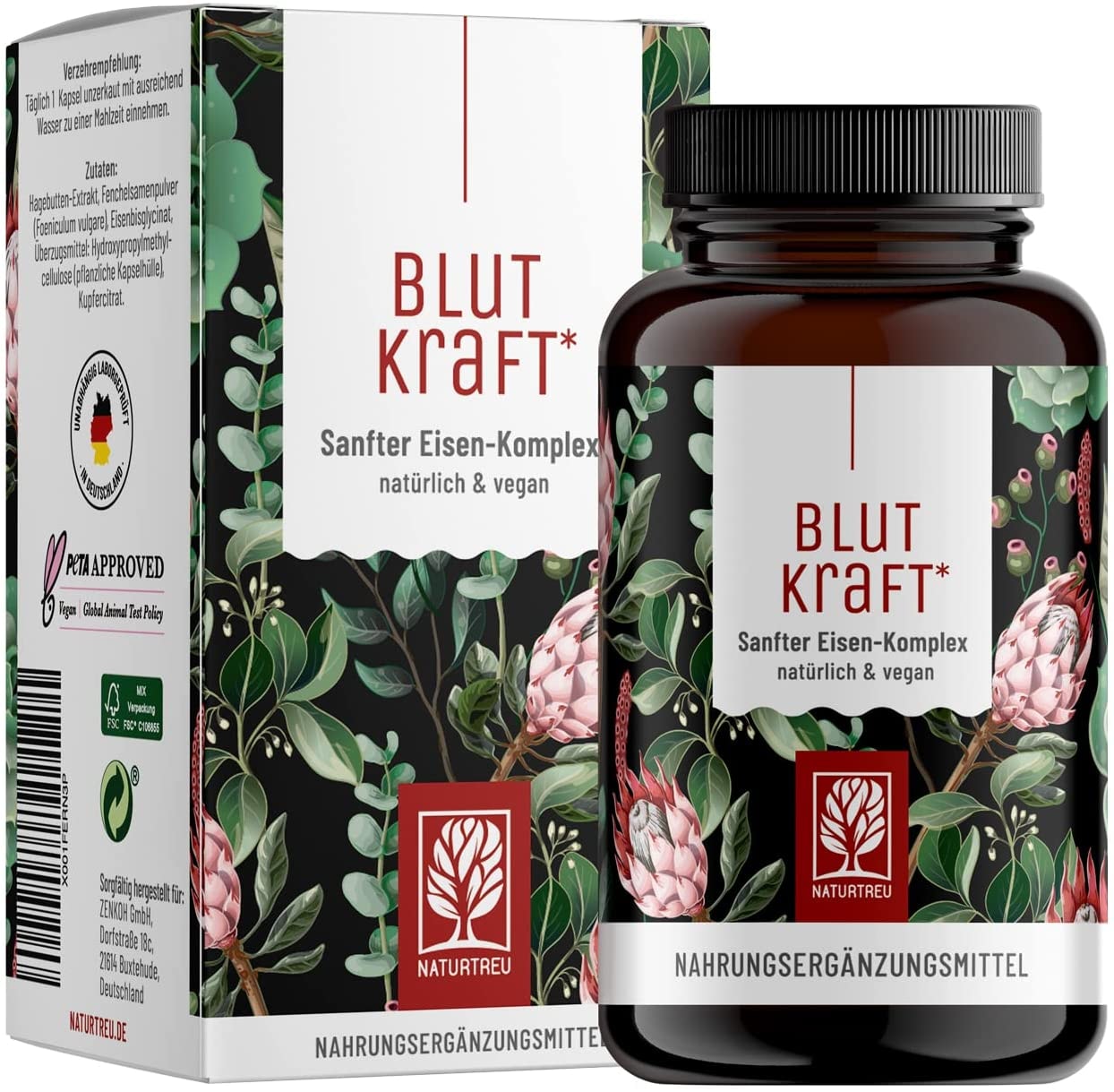 Produktbild von Bewertung NATURTREU Eisen Komplex mit Vitamin C und Fenchel vegan 120 Kapseln vegane Eisentabletten in Kapselform leichter zu schlucken ohne Zusatzstoffe, laborgeprüft