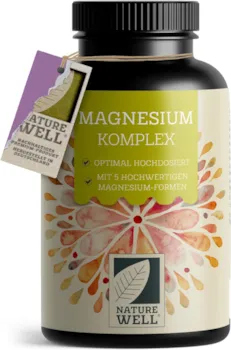 Produktbild von Bewertung NATUREWELL Magnesium Komplex 180 Kapseln 400 mg Magnesium pro Tag aus 5 hochwertigen Magnesium-Formen Magnesium-Oxid Citrat Bisglycina, Malat & Ascorbat optimale Bioverfügbarkeit Vorrat für 3 Monate