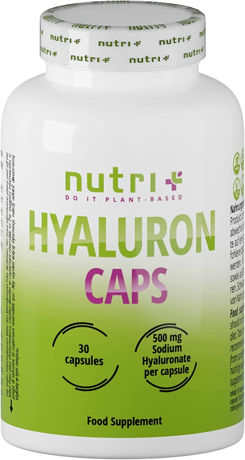 Produktbild von nutri + Hyaluronsäure Kapseln hochdosiert Hyaluron vegan 500mg hochmolekular 800-1500 kDa und durch Fermentation in Deutschland hergestellt - Natriumhyaluronat