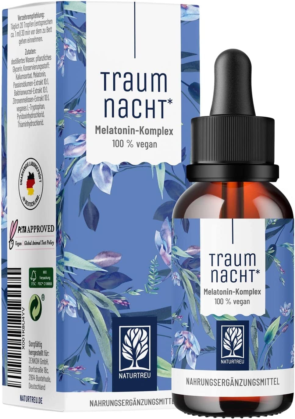 Produktbild von NATURTREU Traumnacht Melatonin Tropfen 50ml Alternative zu Melatonin Schlaf Einschlafspray o. Melatonin Tabletten mit Baldrian, Passionsblume, Zitronenmelisse Einschlafhilfe Erwachsene bei Jetlag