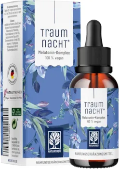 Produktbild von NATURTREU Traumnacht Melatonin Tropfen 50ml Alternative zu Melatonin Schlaf Einschlafspray o. Melatonin Tabletten mit Baldrian, Passionsblume, Zitronenmelisse Einschlafhilfe Erwachsene bei Jetlag