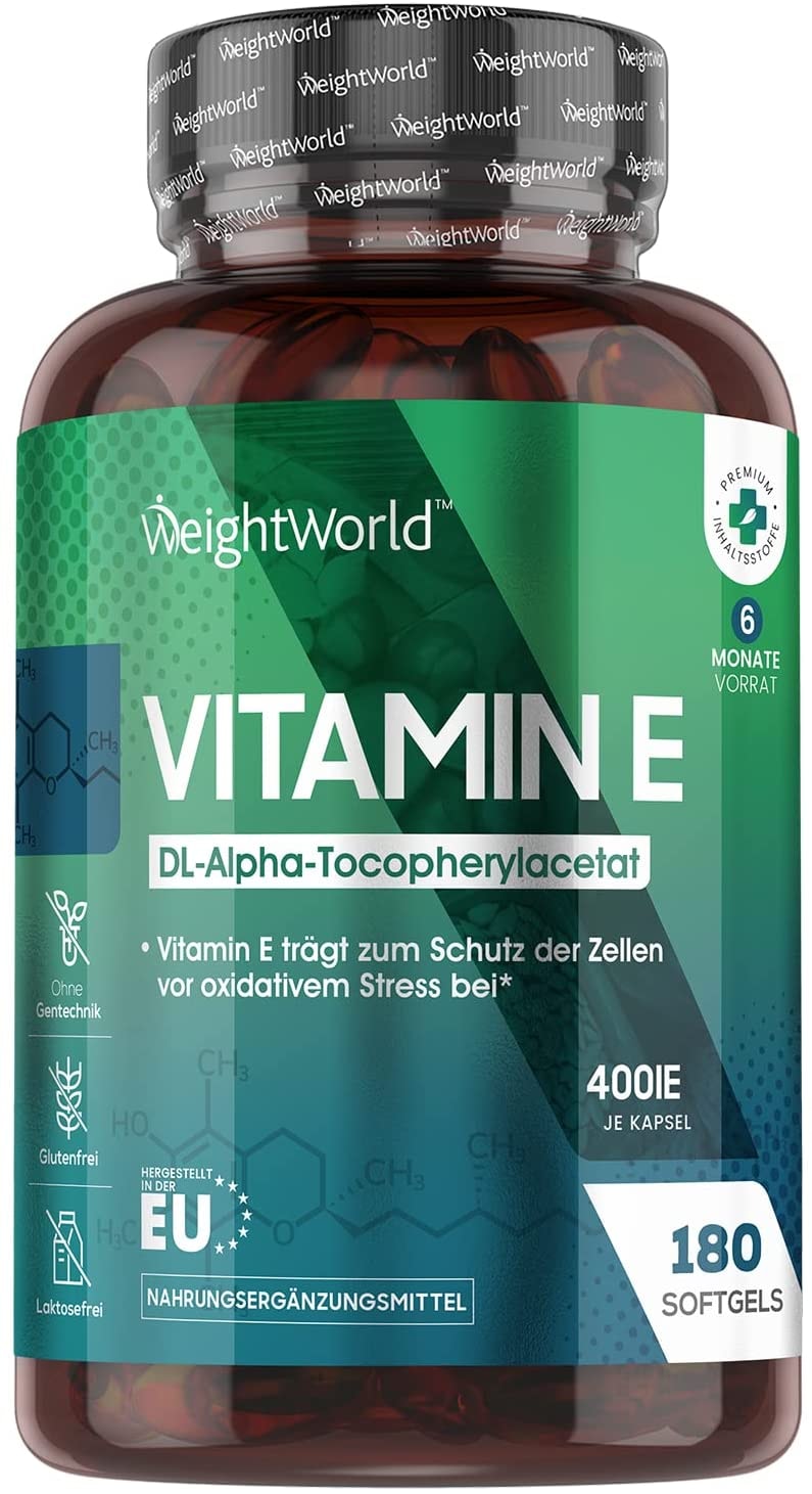 Produktbild von WeightWorld Vitamin E Weiche Kapseln 400 IE - Vitamin E trägt zum Schutz der Zellen vor oxidativem Stress bei (EFSA) - 180 Softgels für 6 Monate Vorrat - E Vitamin Öl Alpha Tocopherylacetat - Von WeightWorld