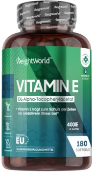 Produktbild von WeightWorld Vitamin E Weiche Kapseln 400 IE - Vitamin E trägt zum Schutz der Zellen vor oxidativem Stress bei (EFSA) - 180 Softgels für 6 Monate Vorrat - E Vitamin Öl Alpha Tocopherylacetat - Von WeightWorld