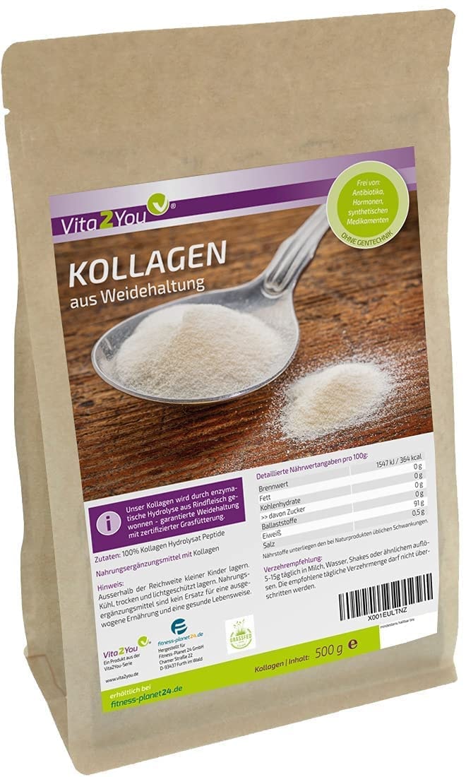 Produktbild von Vita2You Collagen Pulver 500g Solugel aus Weidehaltung und zertifizierter grasfütterung - Kollagen Hydrolysat Peptide Typ 1 und 3 Eiweiss - Premium Qualität