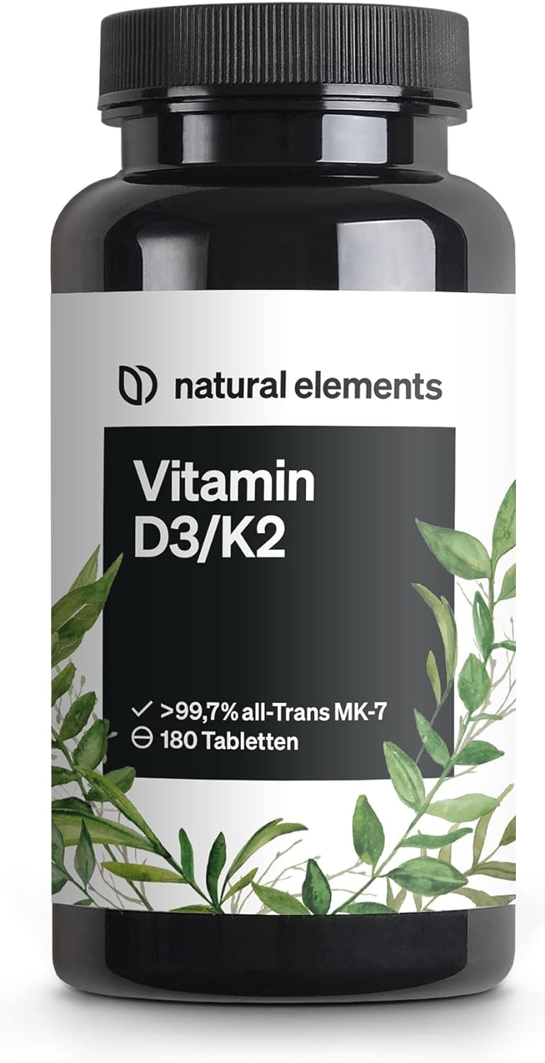 Produktbild von Bewertung natural elements Vitamin D3 Vitamin K2 Kapseln 5.000 I.E. 180 Tabletten Premium 99,7% All Trans MK7 K2VITAL® von Kappa Vitamin D3 hochdosiert