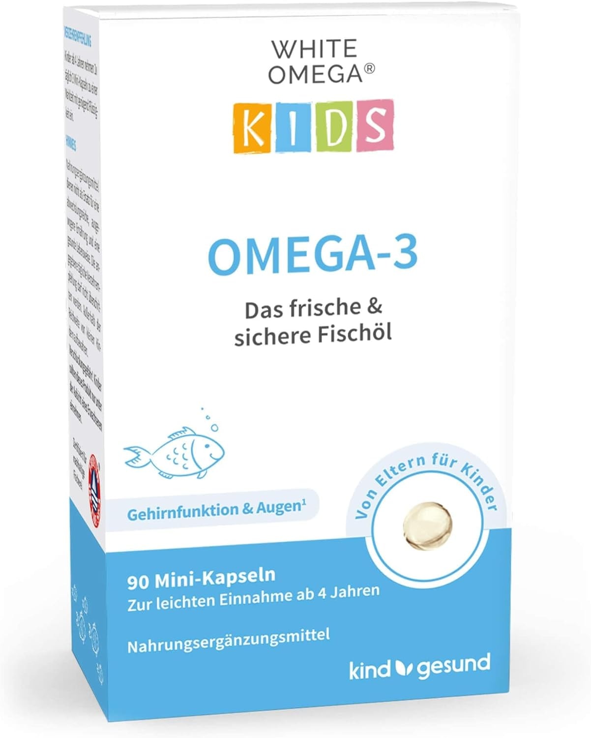 Produktbild von Bewertung White Omega Omega-3 Kapseln für Kinder Vergleichssieger 2023 90 Mini-Kapseln zuckerfrei 518 mg geschmacksneutrales Fischöl