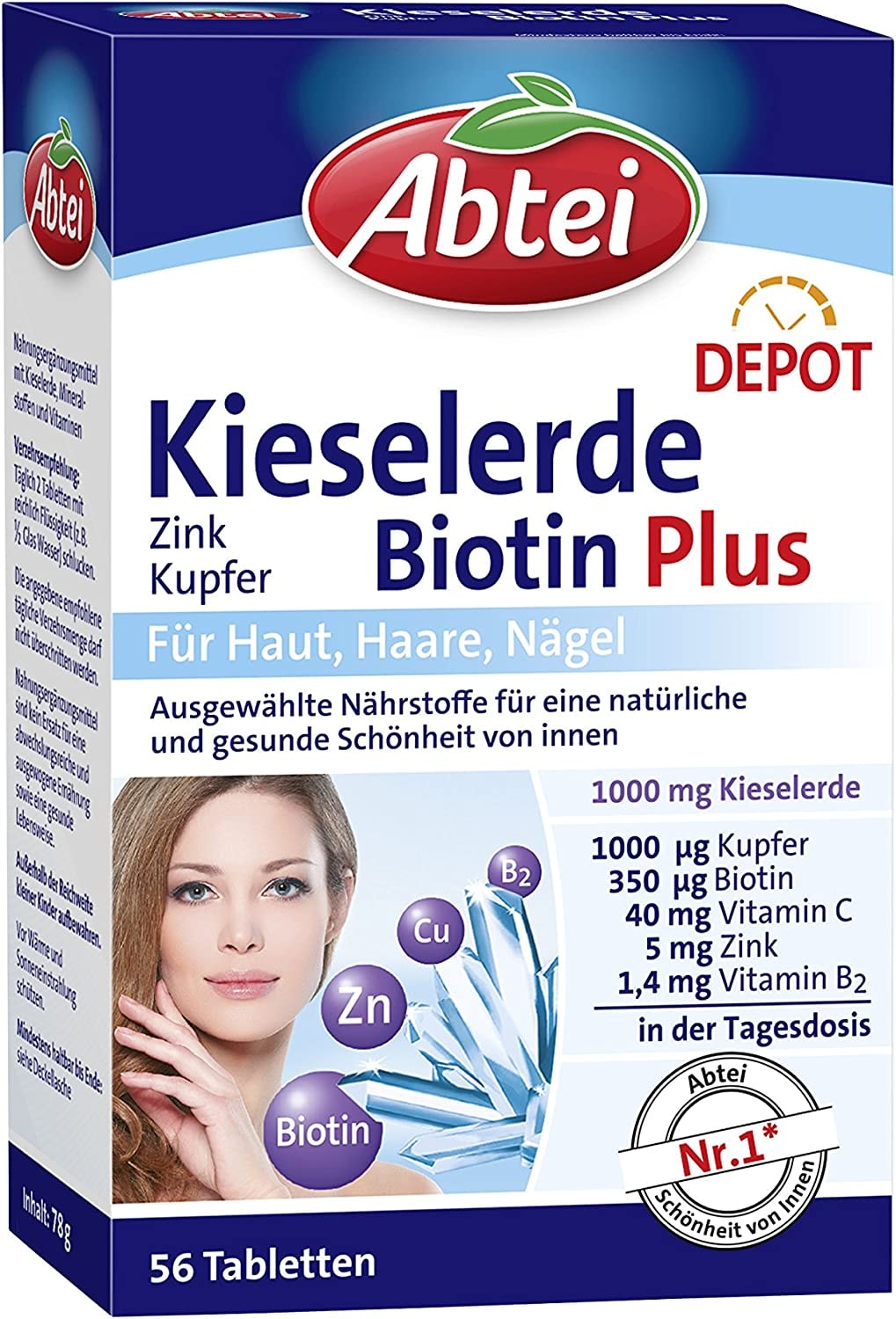 Produktbild von Abtei Kieselerde Biotin Plus – hochdosiertes Nahrungsergänzungsmittel mit Silicium, Zink für gesunde und schöne Haut, Haare und Nägel – Depot-Technologie mit Langzeiteffekt – 1x 56 Tabletten