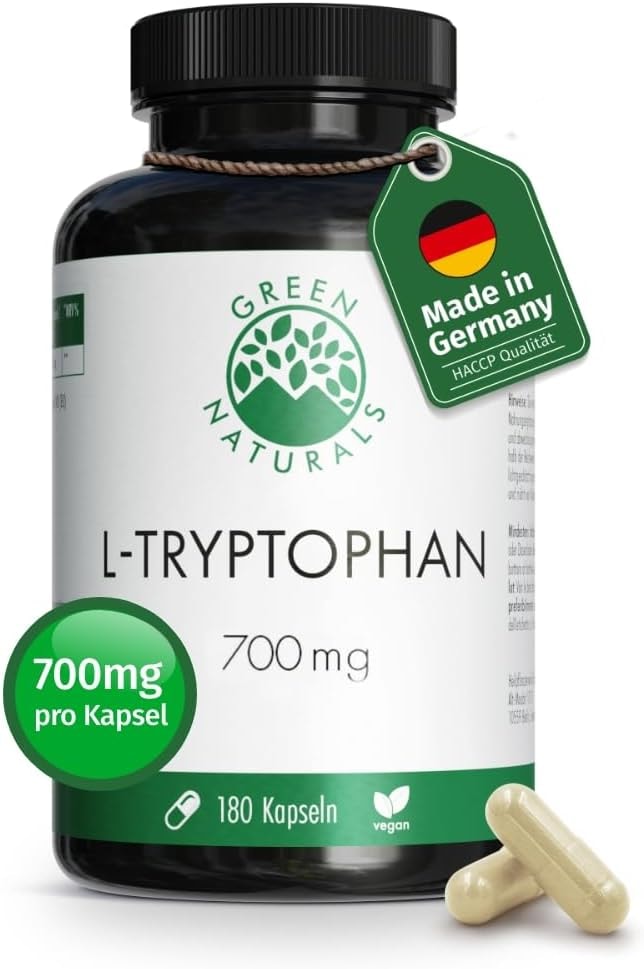 Produktbild von Bewertung GREEN NATURALS L-Tryptophan hochdosiert 700 mg je Kapsel 180 Kapseln 6 Monate Vorrat vegan ohne Zusatzstoffe