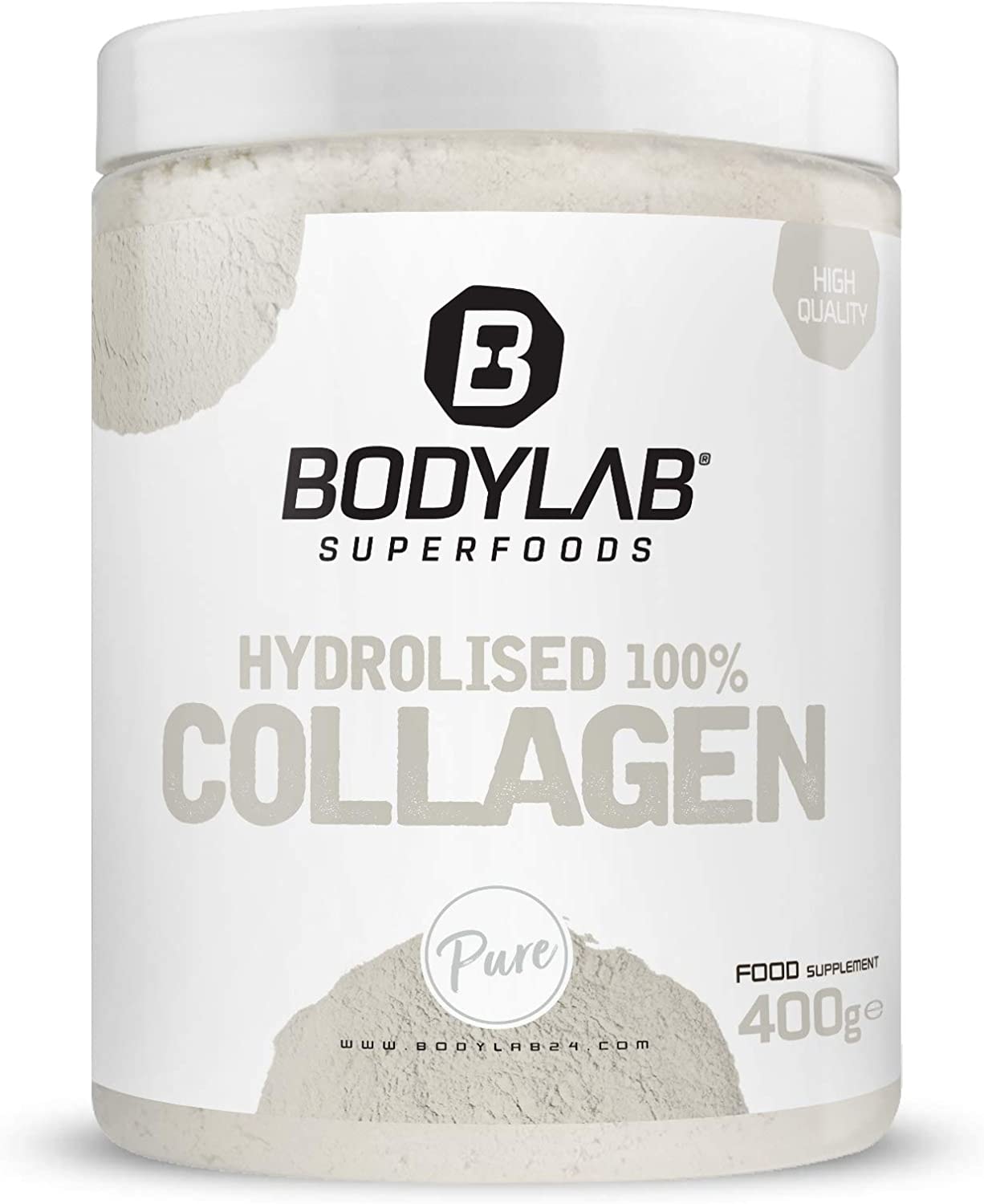 Produktbild von Bewertung Bodylab24 Hydrolised 100% Collagen 400g, reines Kollagen-Hydrolysat, 9.5g Eiweiß je Tagesdosis, unter 1g Fett und Kohlenhydrate, ideal zum Einrühren in Wasser, Fruchtsaft oder Heißgetränk, Neutral
