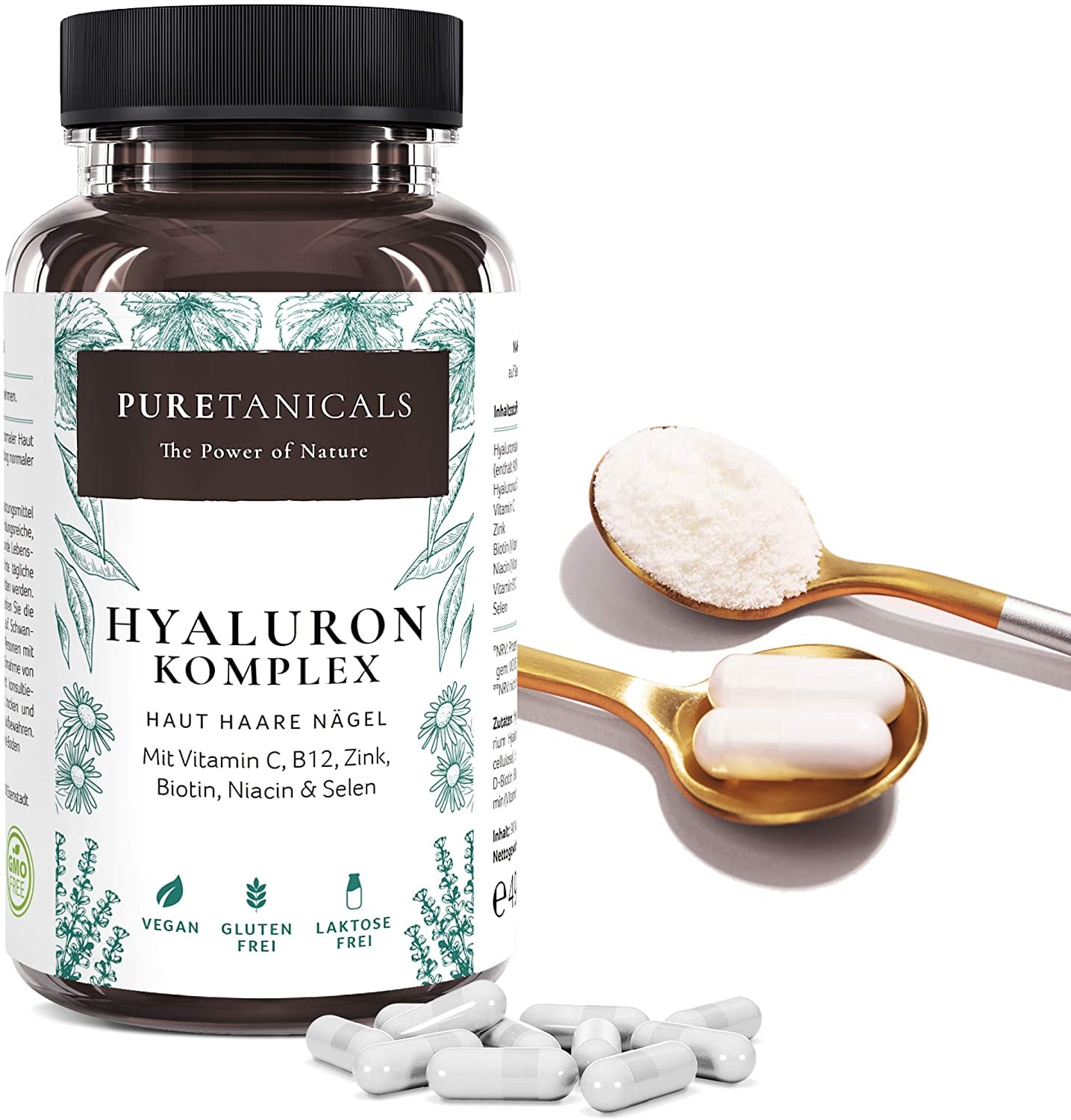 Produktbild von Puretanicals - Hyaluronsäure Kapseln | Haut Haare Nägel für Frauen & Männer | Vitamin C, B12, Zink, Biotin, Niacin, Selen | 350mg Hyaluron hochdosiert laborgeprüft | Vegan aus Deutschland ohne Magnesiumstearat