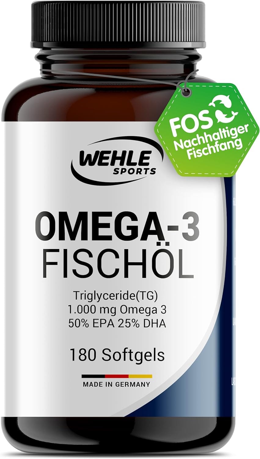 Produktbild von Bewertung Wehle Sports Omega 3 Kapseln hochdosiert Fischöl Kapseln mit 2000mg (1000mg EPA & 500mg DHA) pro Tagesdosis Omega-3 Fettsäuren ohne Vitamin E