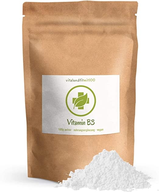 Produktbild von ‎vitalundfitmit100 Vitamin B3 (Nicotinamid) Pulver 100g in geprüfter Qualität absolut rein ohne Rückstände 100% vegan und rein glutenfrei, laktosefrei OHNE Hilfs- u. Zusatzstoffe