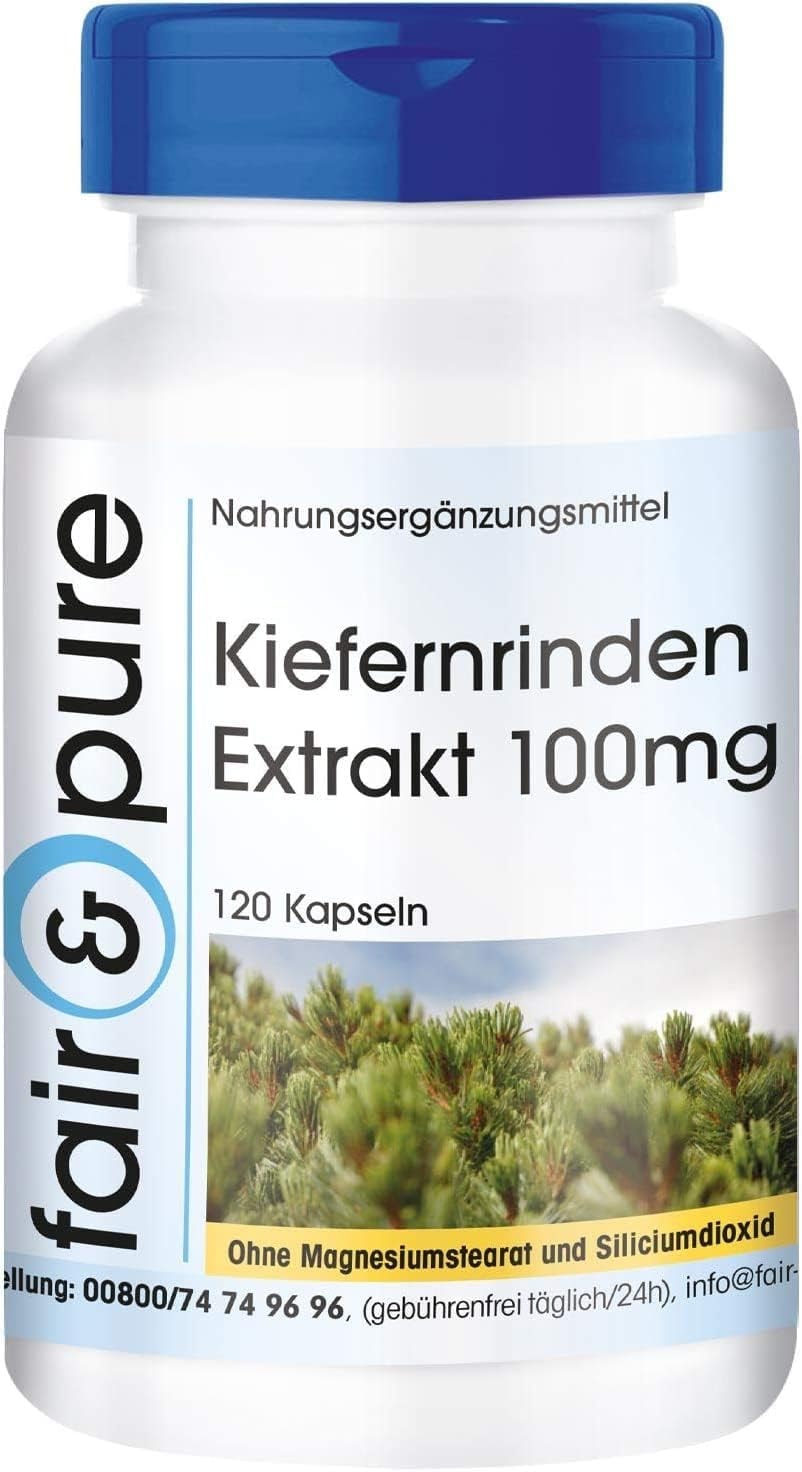 Produktbild von Bewertung Fair & Pure Kiefernrinden Extrakt 100mg standardisiert auf 95% Proanthocyanidine vegan ohne Magnesiumstearat 120 Kiefernrinden Extrakt Kapseln