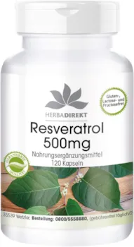 Produktbild von Bewertung WARNKE VITALSTOFFE HERBA DIREKT Resveratrol 500mg Hochdosiert Knöterich-Extrakt 120 Kapseln