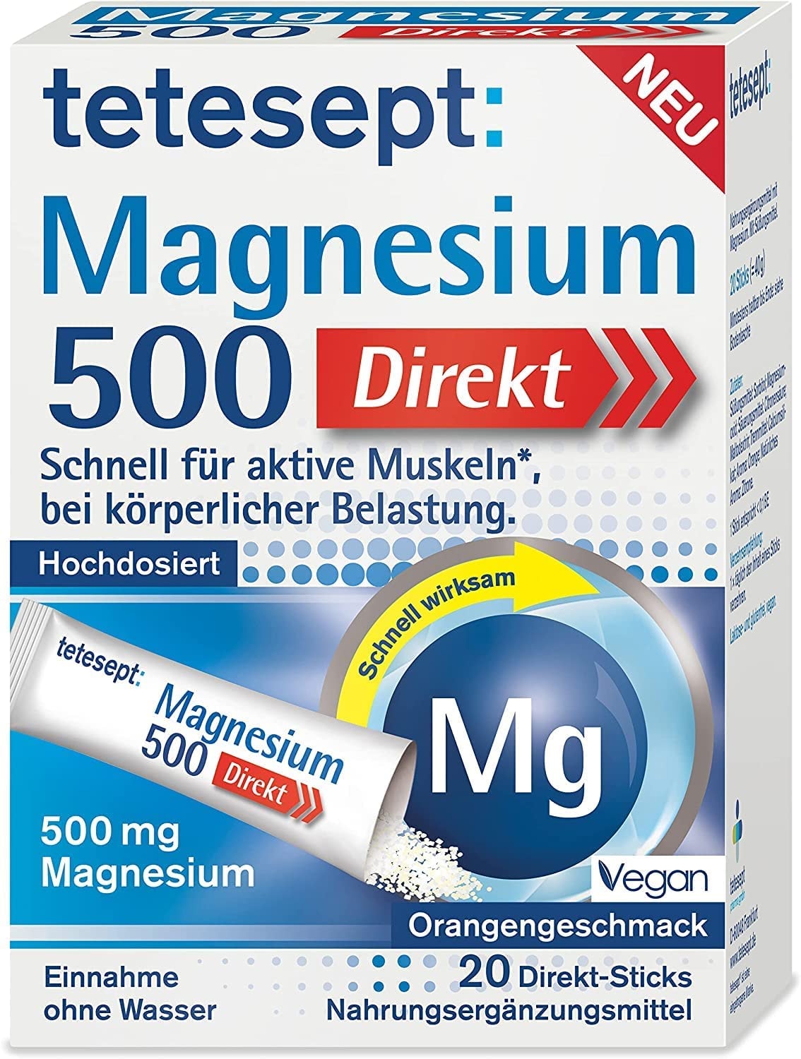 tetesept Magnesium 500 Direkt – Nahrungsergänzungsmittel mit Magnesium Pulver zur Einnahme ohne Wasser - Schnell für aktive Muskeln – 1 x 20 Direkt-Sticks