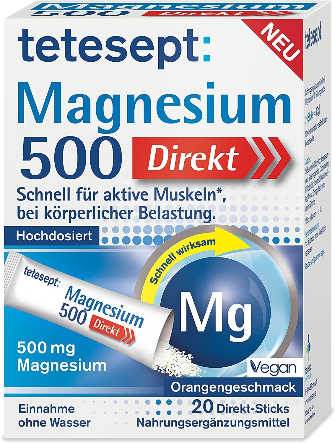 Produktbild von tetesept Magnesium 500 Direkt – Nahrungsergänzungsmittel mit Magnesium Pulver zur Einnahme ohne Wasser - Schnell für aktive Muskeln – 1 x 20 Direkt-Sticks