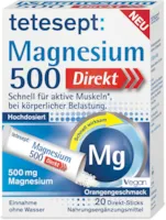 Produktbild von tetesept Magnesium 500 Direkt – Nahrungsergänzungsmittel mit Magnesium Pulver zur Einnahme ohne Wasser - Schnell für aktive Muskeln – 1 x 20 Direkt-Sticks