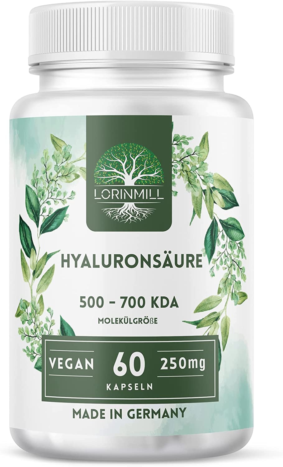 Produktbild von LORINMILL Hyaluron Kapseln, Laborgeprüftes Nahrungsergänzungsmittel für Männer und Frauen, Hochmolekulare Hyaluronsäure Kapseln hochdosiert 500-700kDa, Vegan Hyaluronic Acid 60x250mg