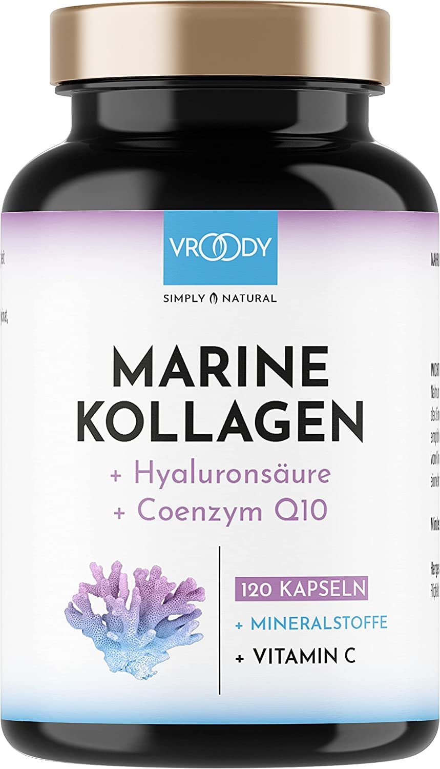 Produktbild von VROODY - Marine Kollagen Kapseln hochdosiert 1000mg - 120 Kollagen Hyaluronsäure Kapseln hochdosiert + Coenzym Q10, Zink, Kupfer, Mangan & Vitamine C + Biotin - Frei von Zusätzen, Made in Austria von VROODY