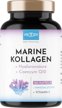 Produktbild von VROODY - Marine Kollagen Kapseln hochdosiert 1000mg - 120 Kollagen Hyaluronsäure Kapseln hochdosiert + Coenzym Q10, Zink, Kupfer, Mangan & Vitamine C + Biotin - Frei von Zusätzen, Made in Austria von VROODY