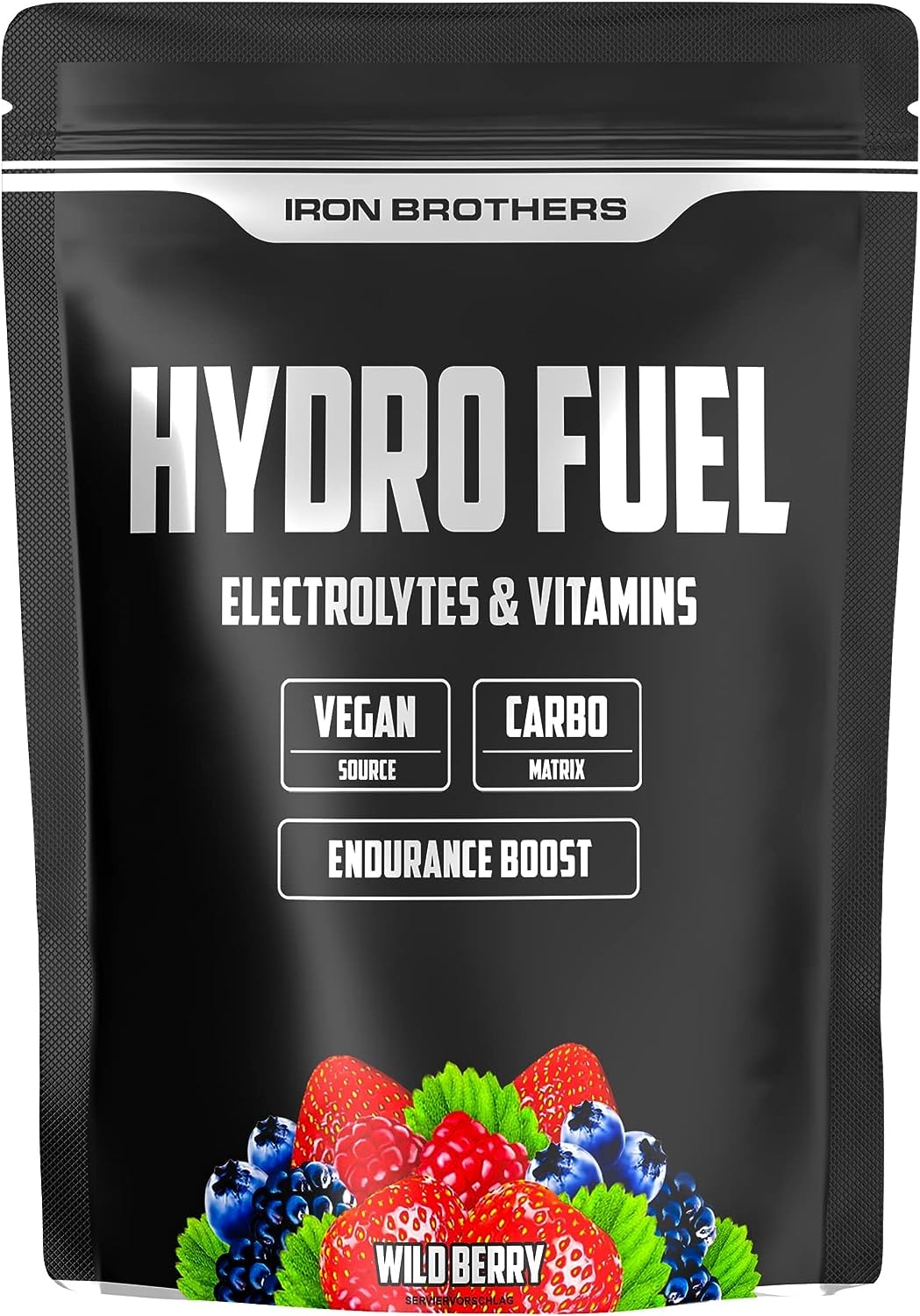 Produktbild von Bewertung Iron Brothers Hydro Fuel Elektrolyt Pulver von Iron Brothers 400g Vegan Intra Workout Isotonische Mineralien Komplex mit Magnesium, Vitamin C und Kohlenhydraten für Rehydration bei Cardio mit Geschmack Waldbeere
