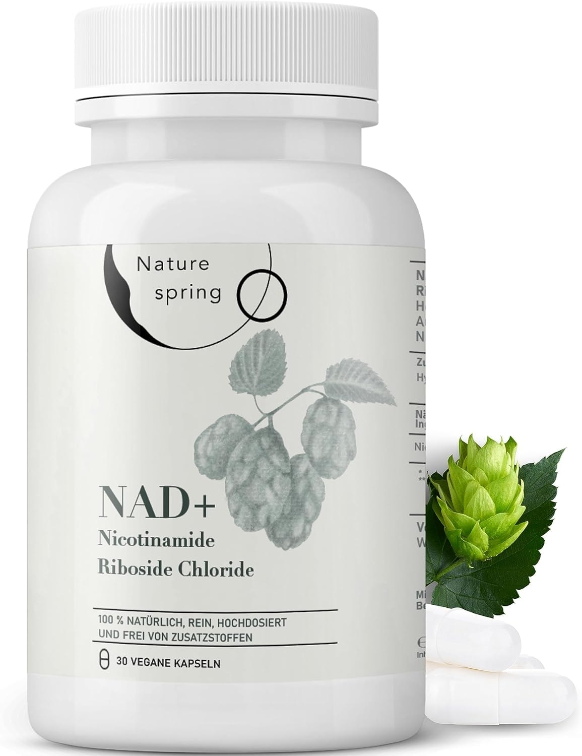 Produktbild von Bewertung Nature spring Nicotinamide Riboside NAD+ Kapseln 500mg für straffe und junge Haut1 Monat Kur für Anti-Aging Haut & Energie Vegan Laborgeprüft in DE