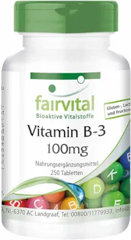 Produktbild von fairvital B3 Niacin 100mg - HOCHDOSIERT - VEGAN - Nicotinamid - 250 Tabletten