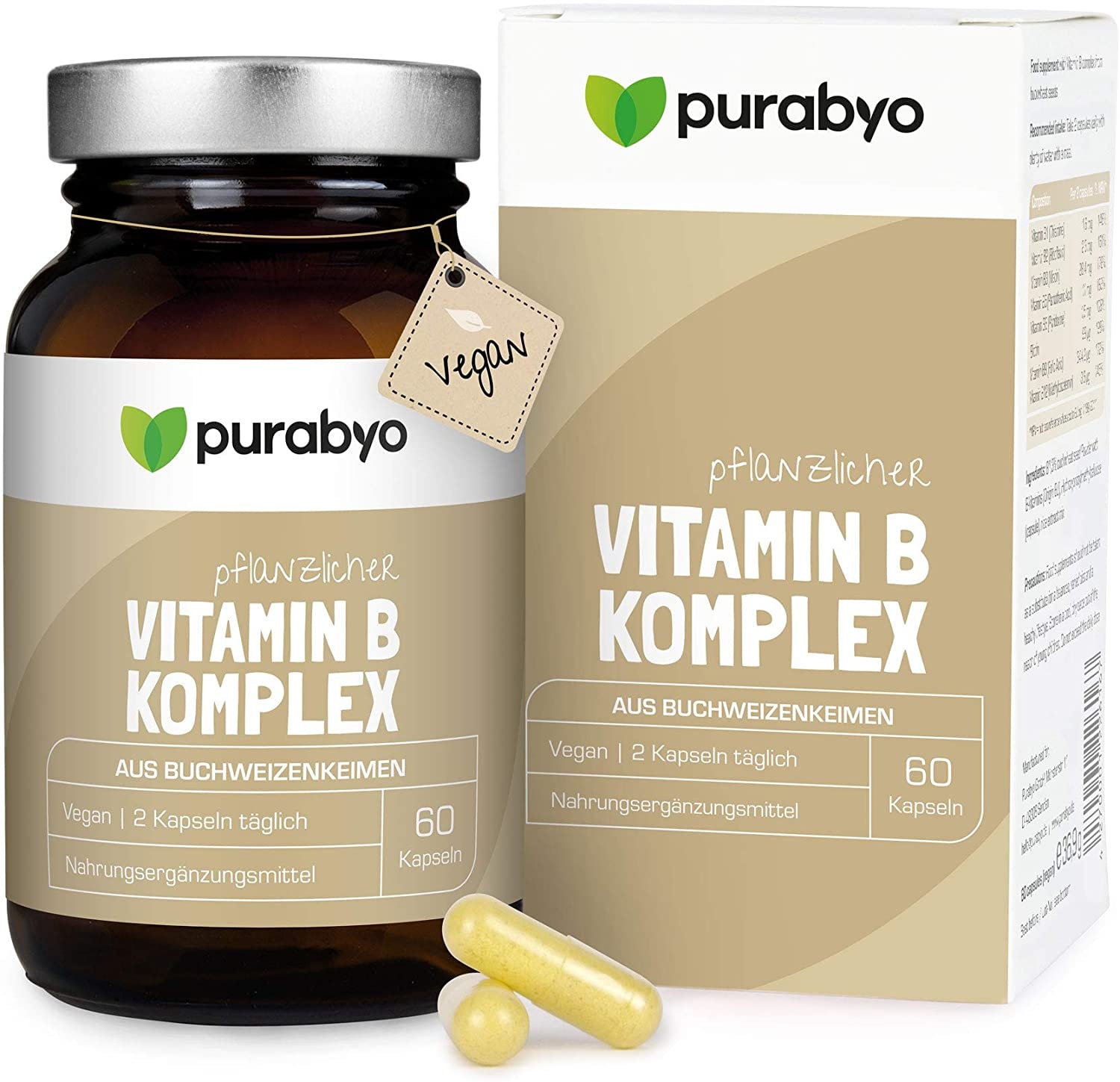 Produktbild von Purabyo Vitamin B Komplex aus Buchweizen im Glas natürlich vegan hochdosiert Alle B Vitamine mit Vitamin B12