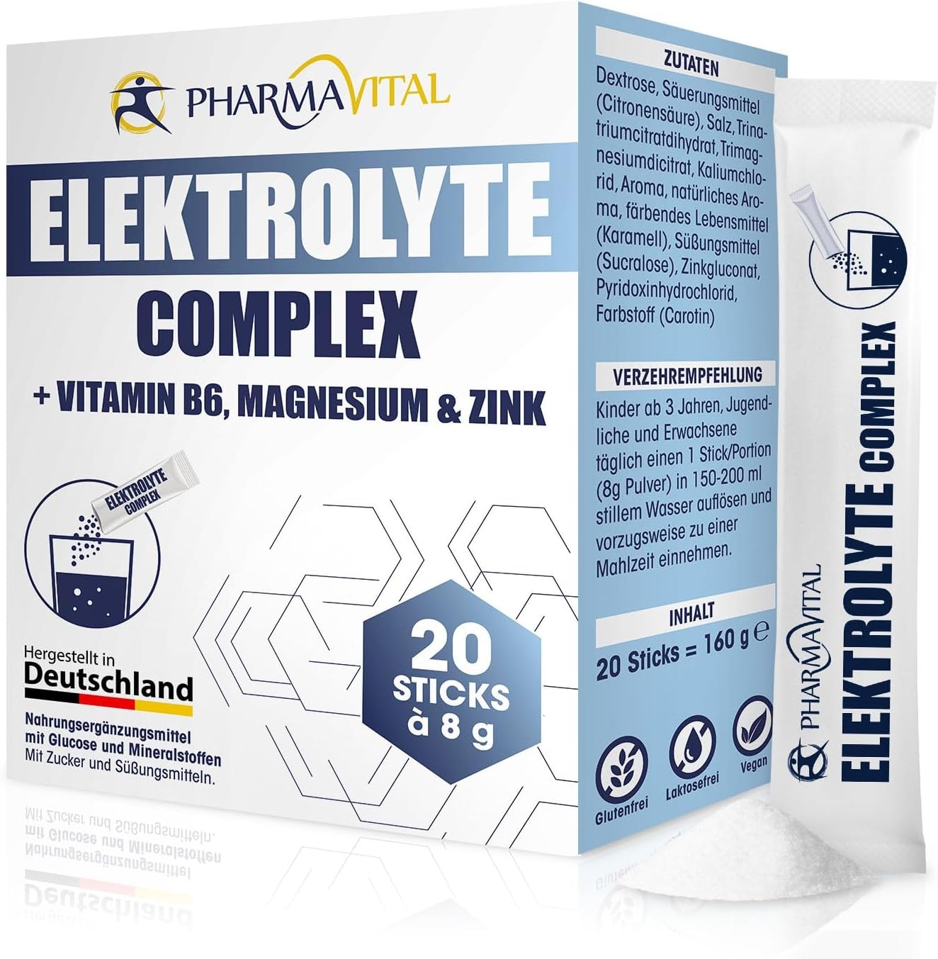 Produktbild von Bewertung PharmaVital Elektrolyte Complex Elektrolyte + Vitamine unterstützt Wasserhaushalt Nervensystem mit Vitamin B6 Kalium Chlorid Magnesium Zink Natrium 20 Pulversticks je 8g zum Auflösen in Wasser