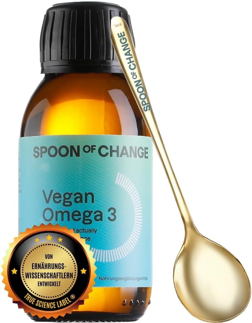 Produktbild von Bewertung Spoon of Change Premium Omega 3 Algenöl Vegan 2900mg pro Tag hochdosiert mit Zitrone DHA EPA Wissenschaftsbasiert laborgeprüft nachhaltig mit Vitamin D3 fürs Immunsystem Spoon of Change