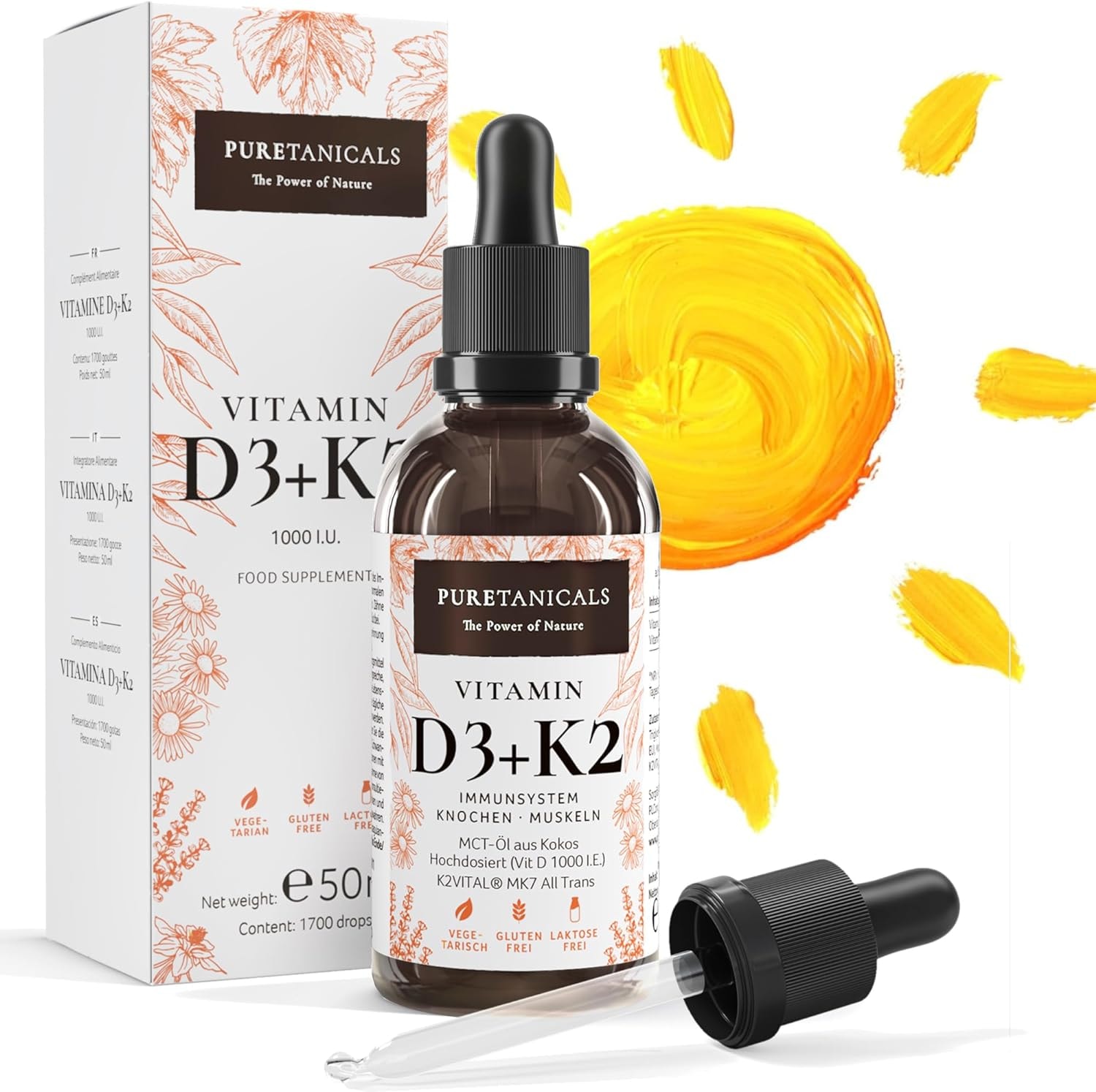 Produktbild von Bewertung Puretanicals Vitamin D3 K2 Tropfen 50ml 1000 IE Vitamin D3 mit 40 μg K2 pro Tropfen hochdosiert Langzeitvorrat 1700 Tropfen in MCT-Öl aus Kokos Cholecalciferol flüssig ohne Zusätze hergestellt