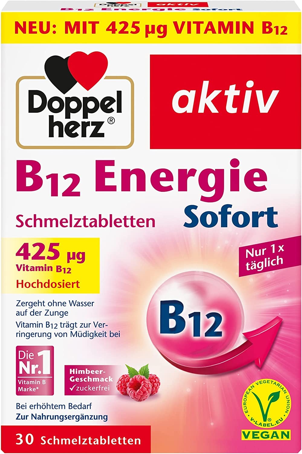 Produktbild von Doppelherz - B12 Energie Sofort – Vitamin B12 trägt zur Verringerung von Müdigkeit und Erschöpfung bei – Vegan und hochdosiert – 30 Schmelztabletten