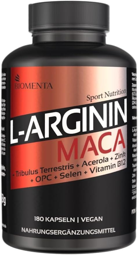 Produktbild von Bewertung BIOMENTA L-Arginin Maca 180 Arginin Maca Kapseln hochdosiert vegan mit Tribulus Terrestris Acerola OPC Zink Selen Vitamin B12 Premiumqualität