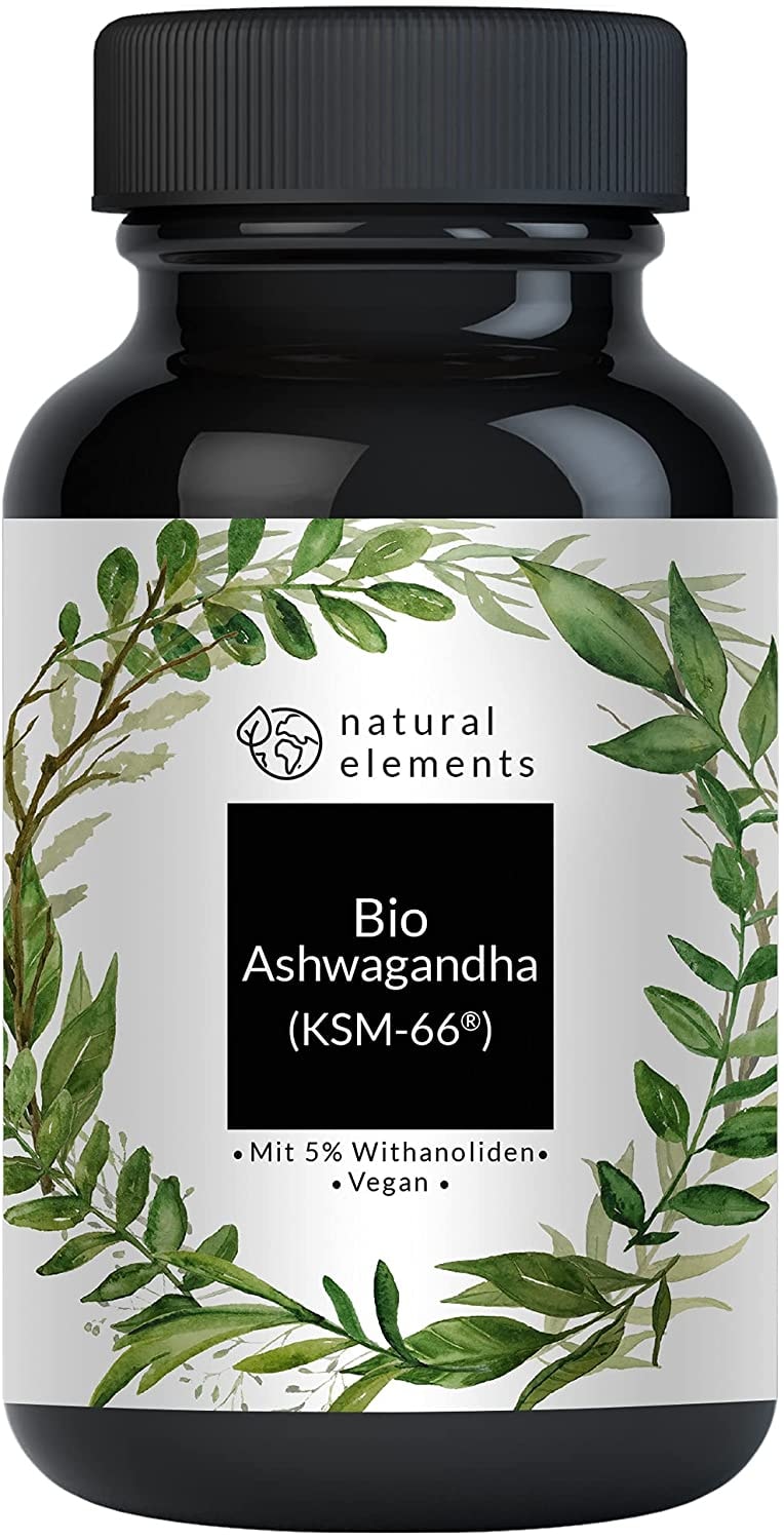 Produktbild von natural elements Bio-Ashwagandha KSM-66® Premiumrohstoff 180 Kapseln mit überdurchschnittlicher Reichweite original indische Schlafbeere natürlich laborgeprüft vegan hochdosiert in Deutschland produziert