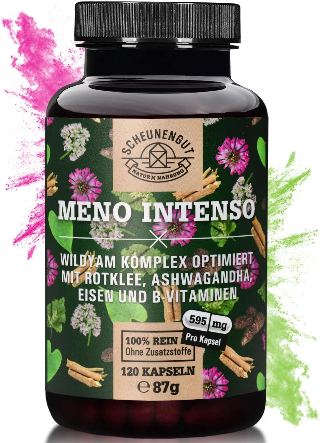 Produktbild von Bewertung Scheunengut MENO INTENSO Wechseljahre Komplex 500mg Yamswurzel Laborgeprüfte Meno Balance mit Rotklee, Ashwagandha, Rhabarber, Eisen, Vitamin B9+B12 120 Stück