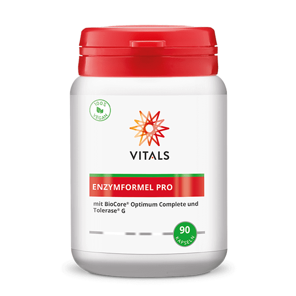 Produktbild von Bewertung VITALS ENZYMFORMEL PRO Kapseln KOHLENHYDRAT-, EIWEISS- FETTSPALTENDE ENZYME (BIOCORE® OPTIMUM COMPLETE) GLUTENSPALTENDES ENZYM (TOLERASE® G) aus Fermentation Artikelnummer V4638
