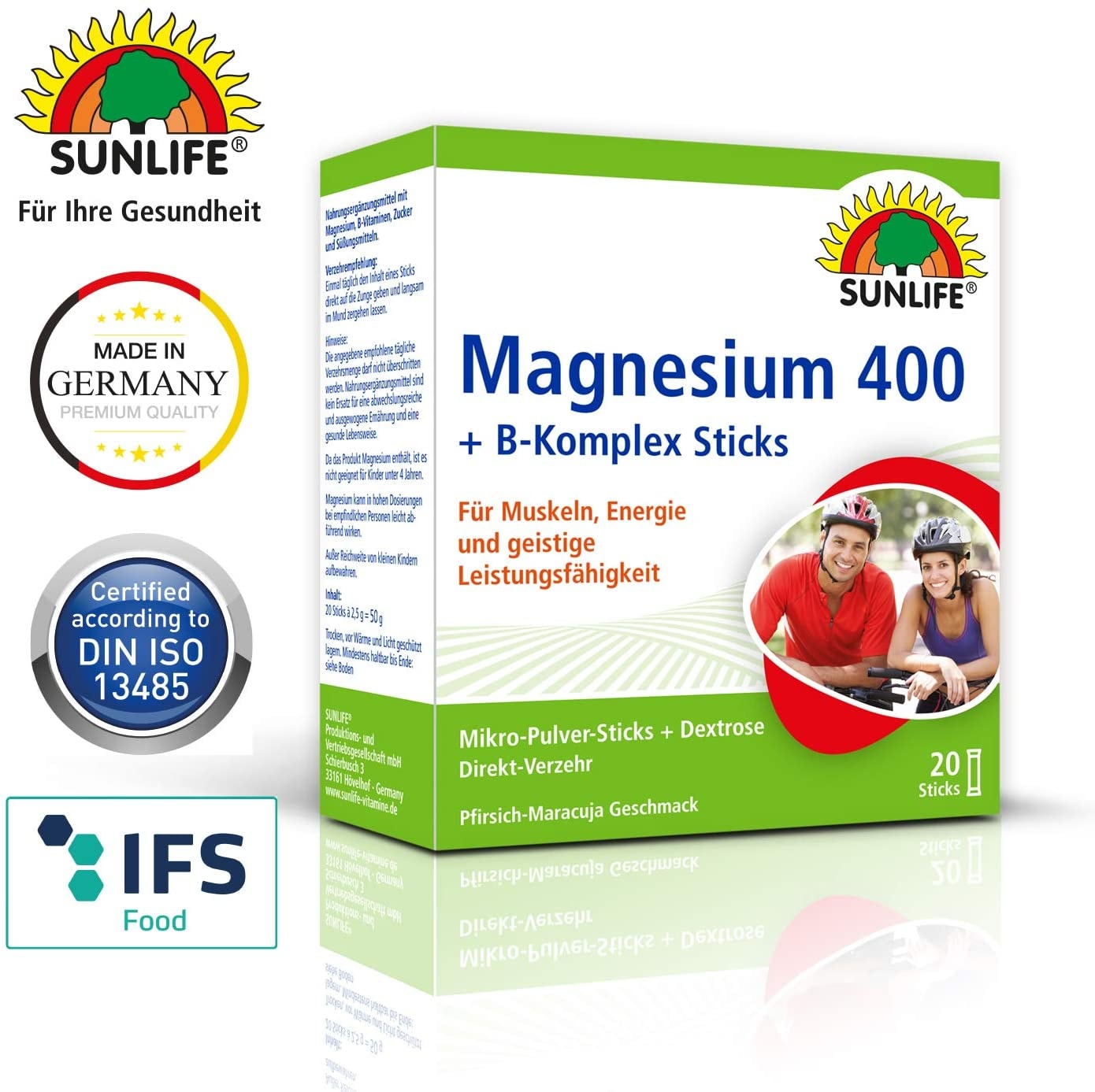 Produktbild von SUNLIFE Magnesium 400 + B-Komplex Sticks: für Muskeln, Nerven und mehr Energie, 20 Sticks à 2,5g