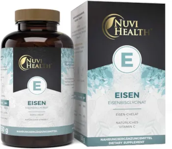 Produktbild von Nuvi Health Eisen mit 50 mg pro EINER Tablette - 240 Stück (8 Monate) - Premium: Mit natürlichem Vitamin C - Hohe Bioverfügbarkeit durch Eisen-Bisglycinat (Eisen-Chelat) - Vegan - Laborgeprüft