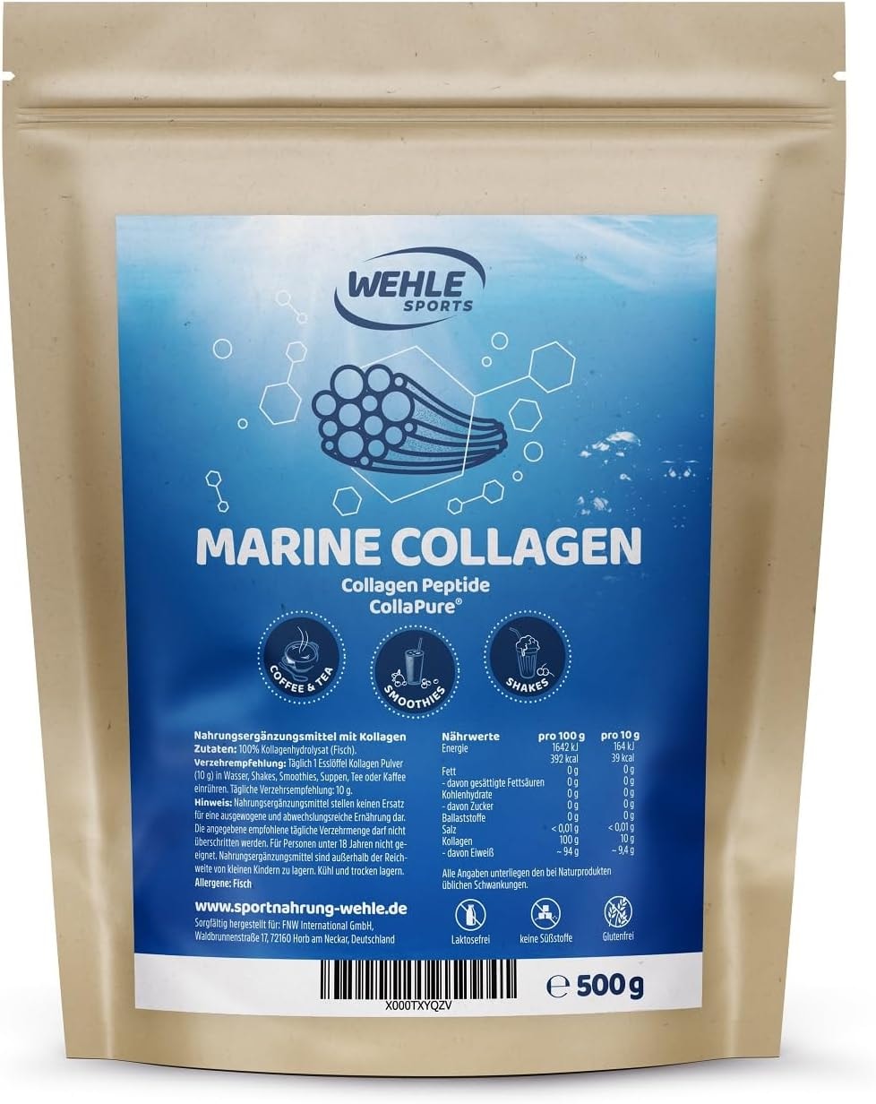 Produktbild von Bewertung Wehle Sports Marine Kollagen Pulver 500g Bioaktive Collagen Hydrolysat Peptide Markenrohstoff CollaPure Wehle Sports Fisch Kollagen Neutral