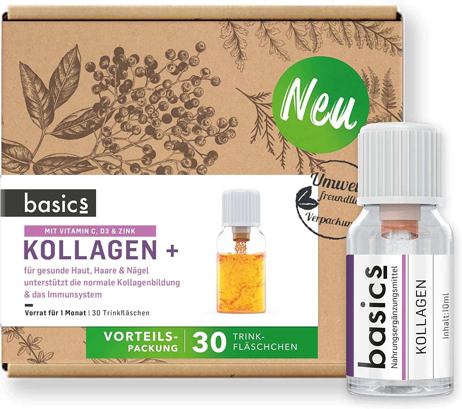 Produktbild von basics Kollagen Komplex 30x10ml Fläschchen - mit hochdosiertem Kollagen Hydrolysat, Vitamin C, Biotin und Zink für den Erhalt von schöner Haut, Haar und Nägeln