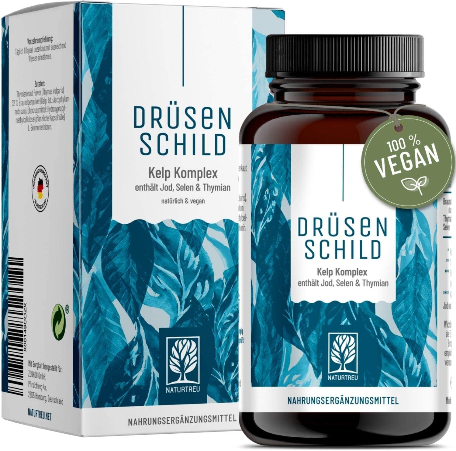 Produktbild von Bewertung NATURTREU Jod Selen Komplex Kapseln 150µg natürliches Jod aus Braunalgen Kelp Extrakt mit Selen und Thymian Hochdosiert, vegan 180 Schilddrüse Kapseln
