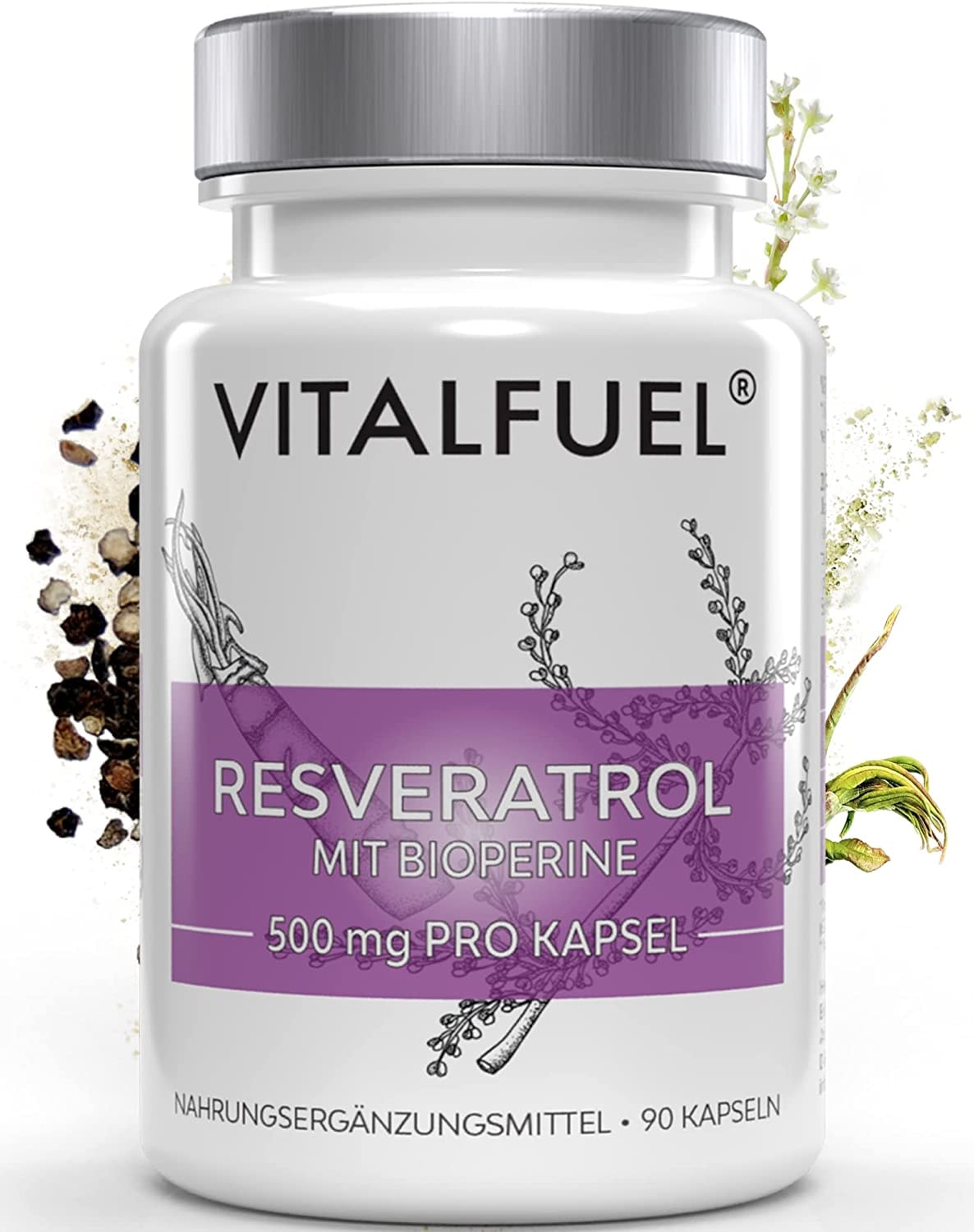 Produktbild von Bewertung Vitalfuel Resveratrol Kapseln 90 Kapseln pro Dose 500mg Trans-Resveratrol aus japanischem Staudenknöterich Extrakt hochdosiert vegan & glutenfrei 3 Monatsvorrat Deutsche Marke