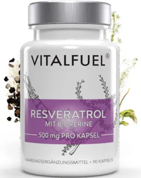 Produktbild von Bewertung Vitalfuel Resveratrol Kapseln 90 Kapseln pro Dose 500mg Trans-Resveratrol aus japanischem Staudenknöterich Extrakt hochdosiert vegan & glutenfrei 3 Monatsvorrat Deutsche Marke