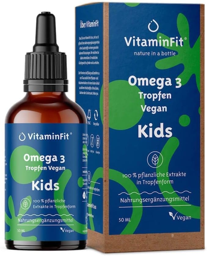 Produktbild von Bewertung VitaminFit Kinder Omega-3-Tropfen Nahrungsergänzung für Kinder Flüssig DHA EPA ALA Fischfrei 100% Pflanzlich 50 ml